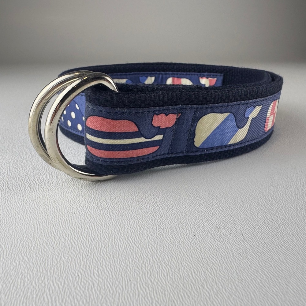 Vineyard Vines Navy Kids Whale Print Fabric Belt with Silver D-Rings